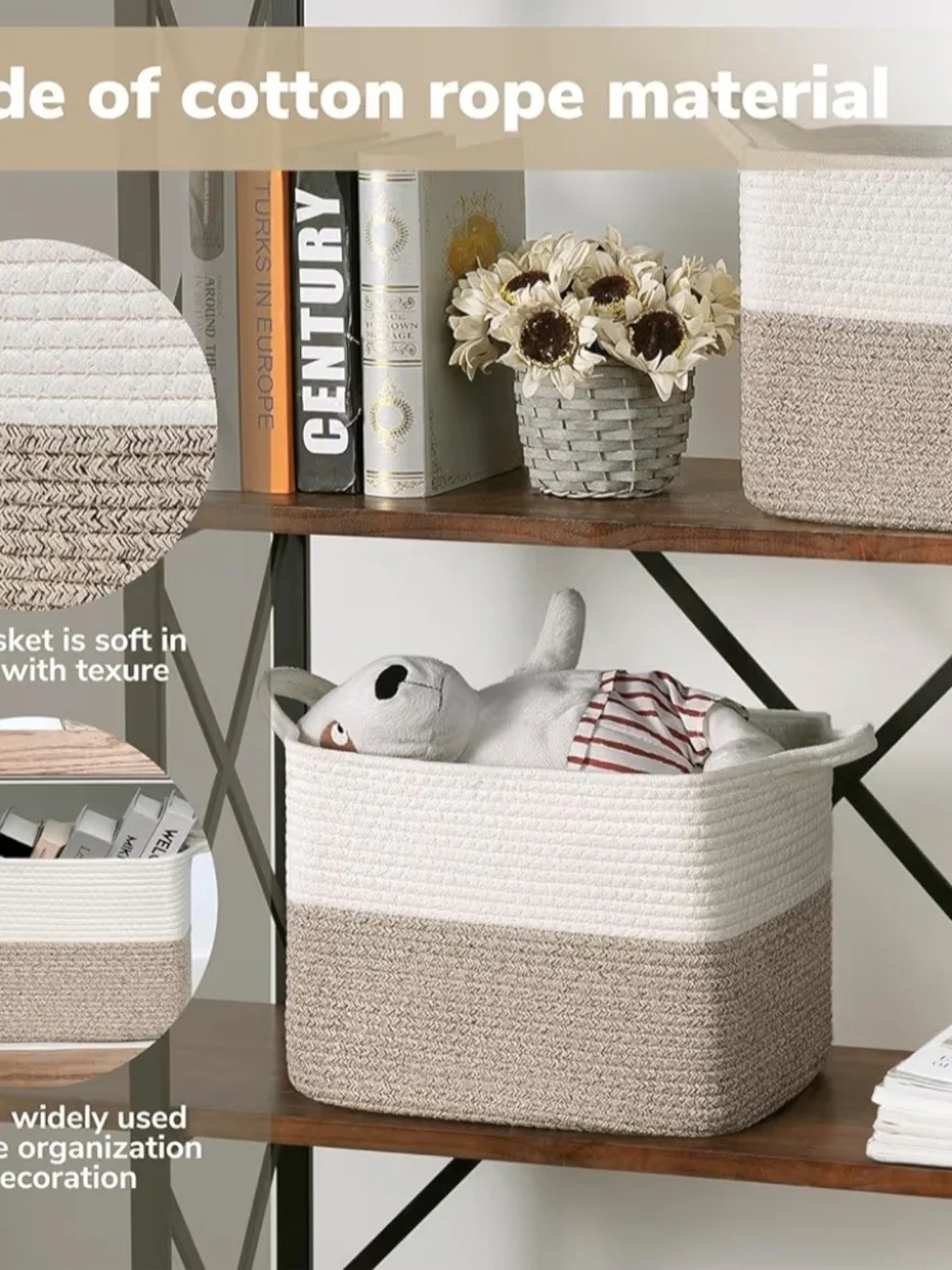 Two-Tone Cream and Tan Rope Storage Basket with Handles. NEW.